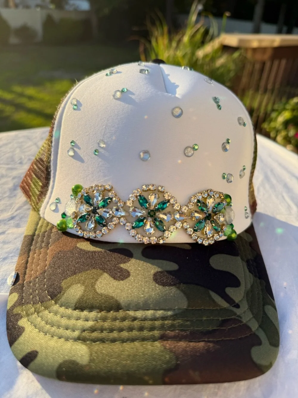 Embellished Camo Trucker Hat with Green Crystal Accents Custom nwot